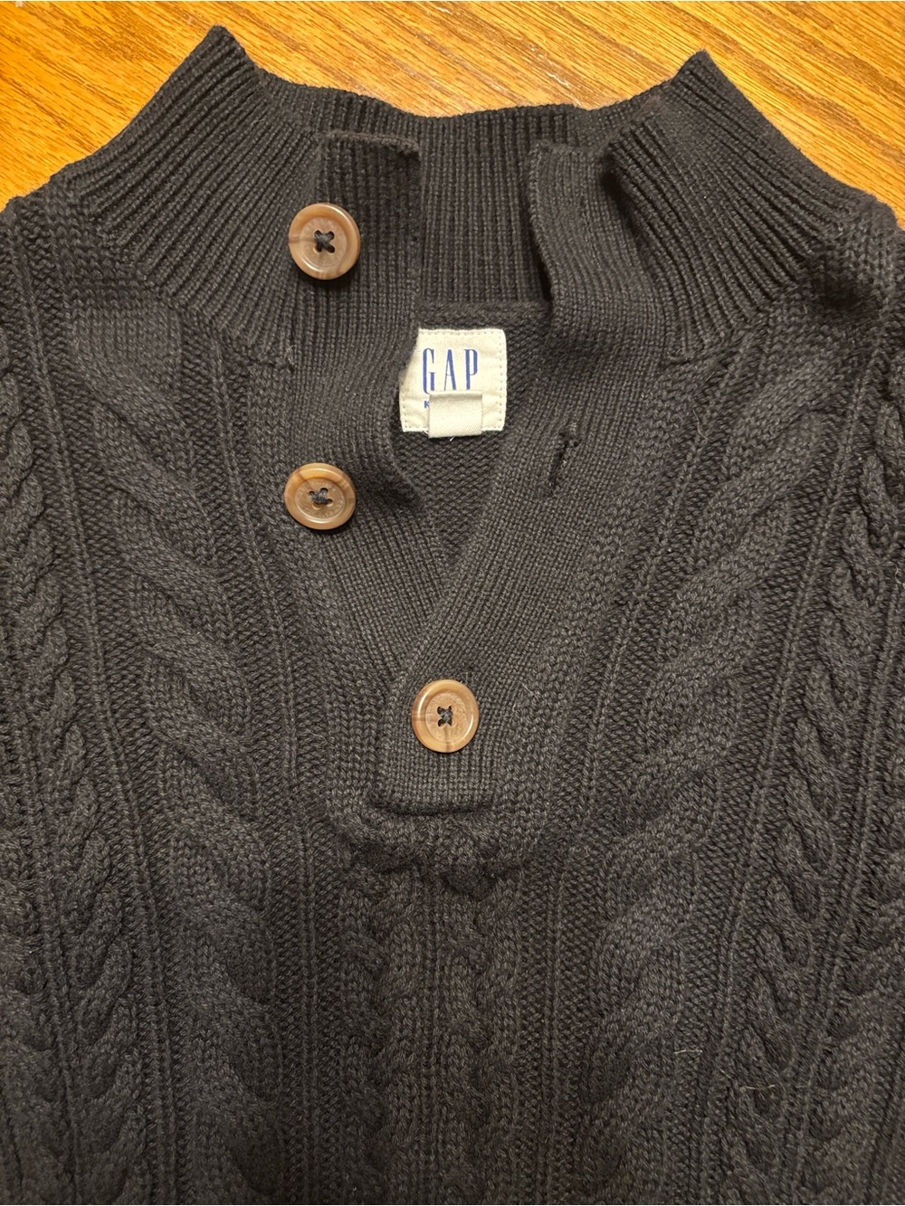 GAP Black Cable-Knit Button Mock Neck Sweater